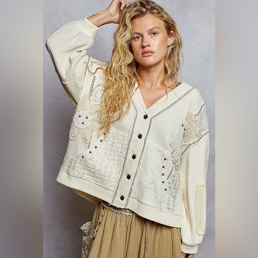 POL Lg Cream Patchwork V-Neck Button Front Cardigan